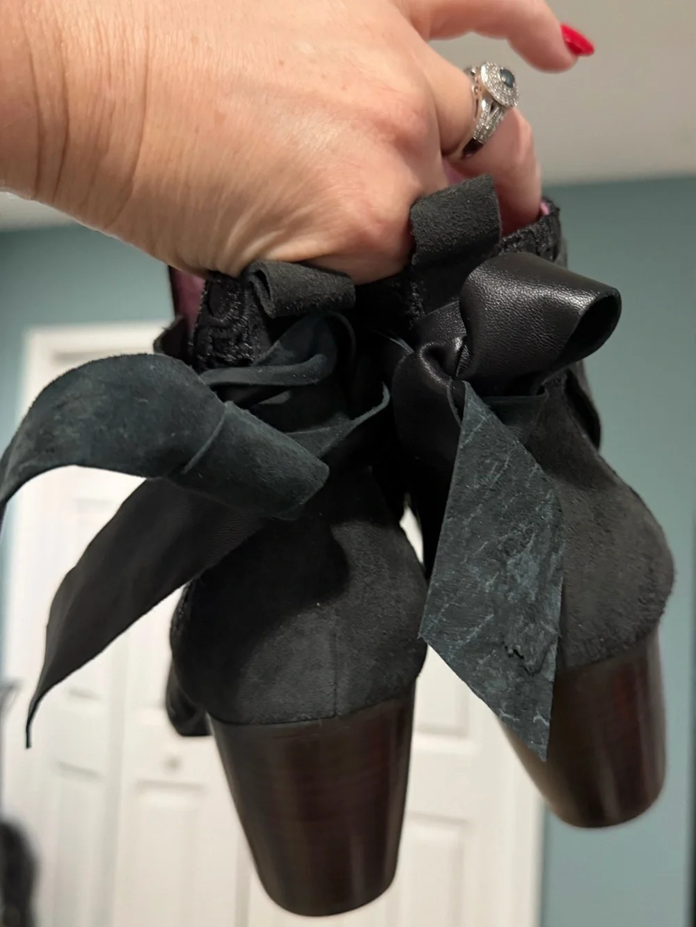 Sundance Black Suede Ankle Booties with Lace Side Panel